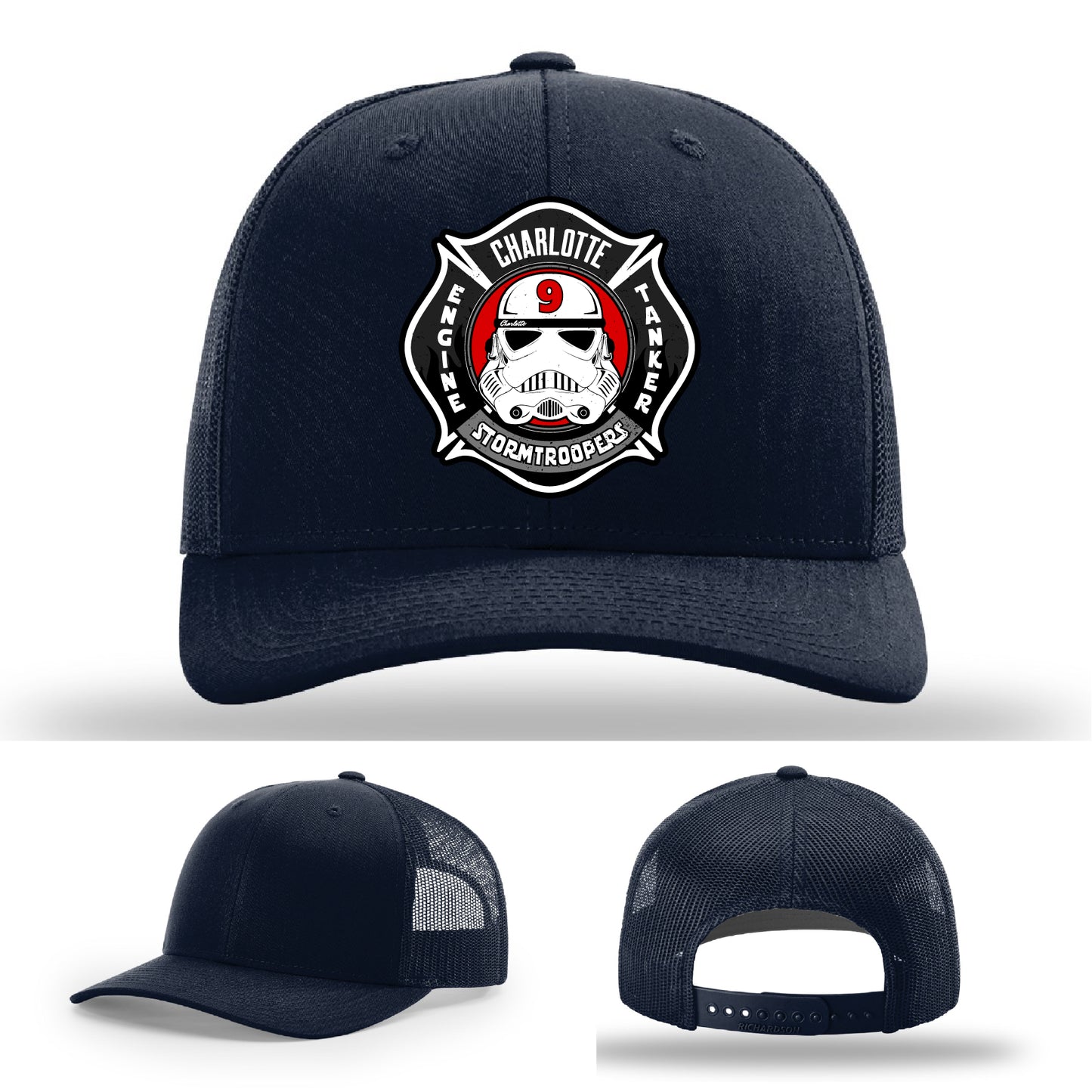 Custom firefighter hat Charlotte Station 9 leather patch