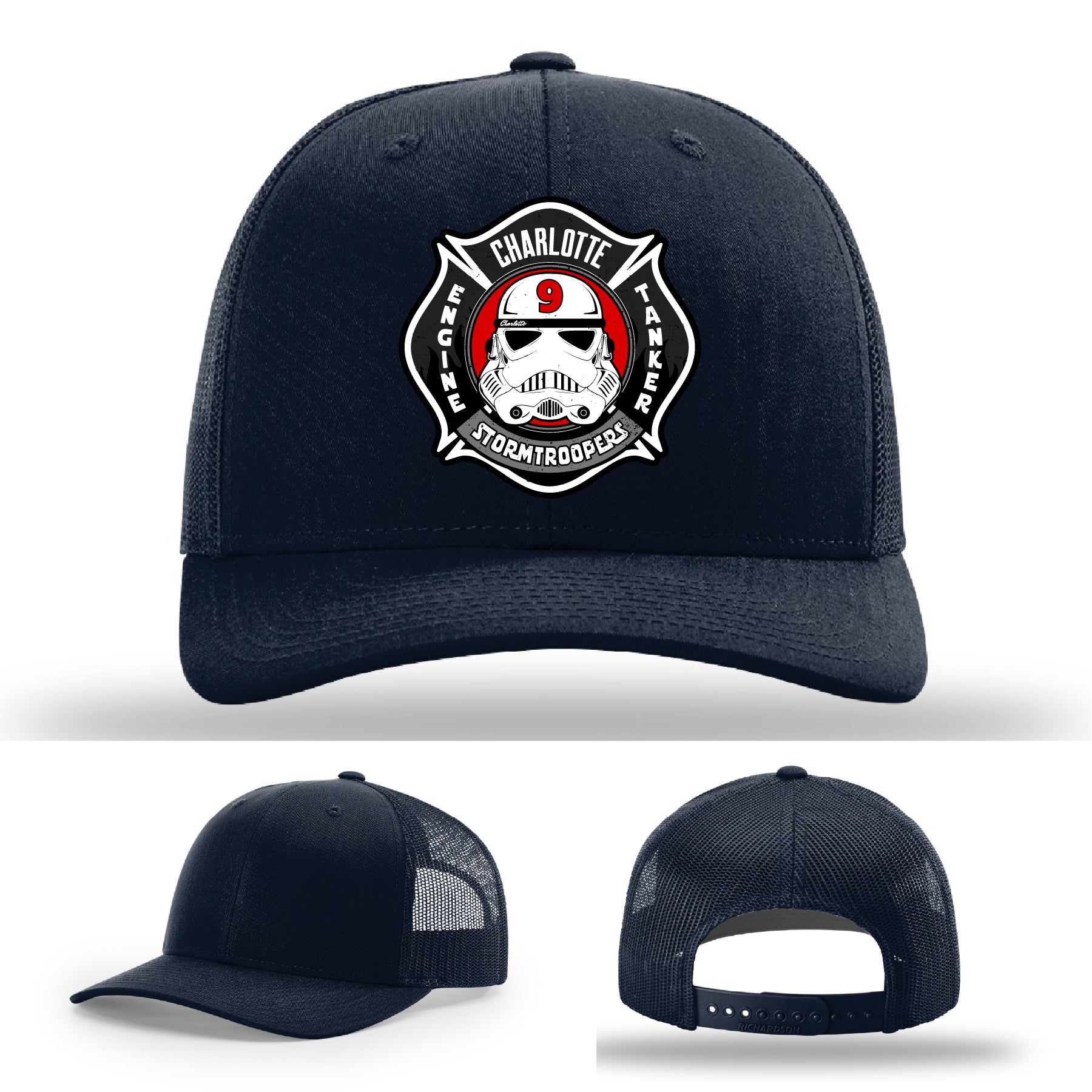 Custom firefighter hat Charlotte Station 9 leather patch