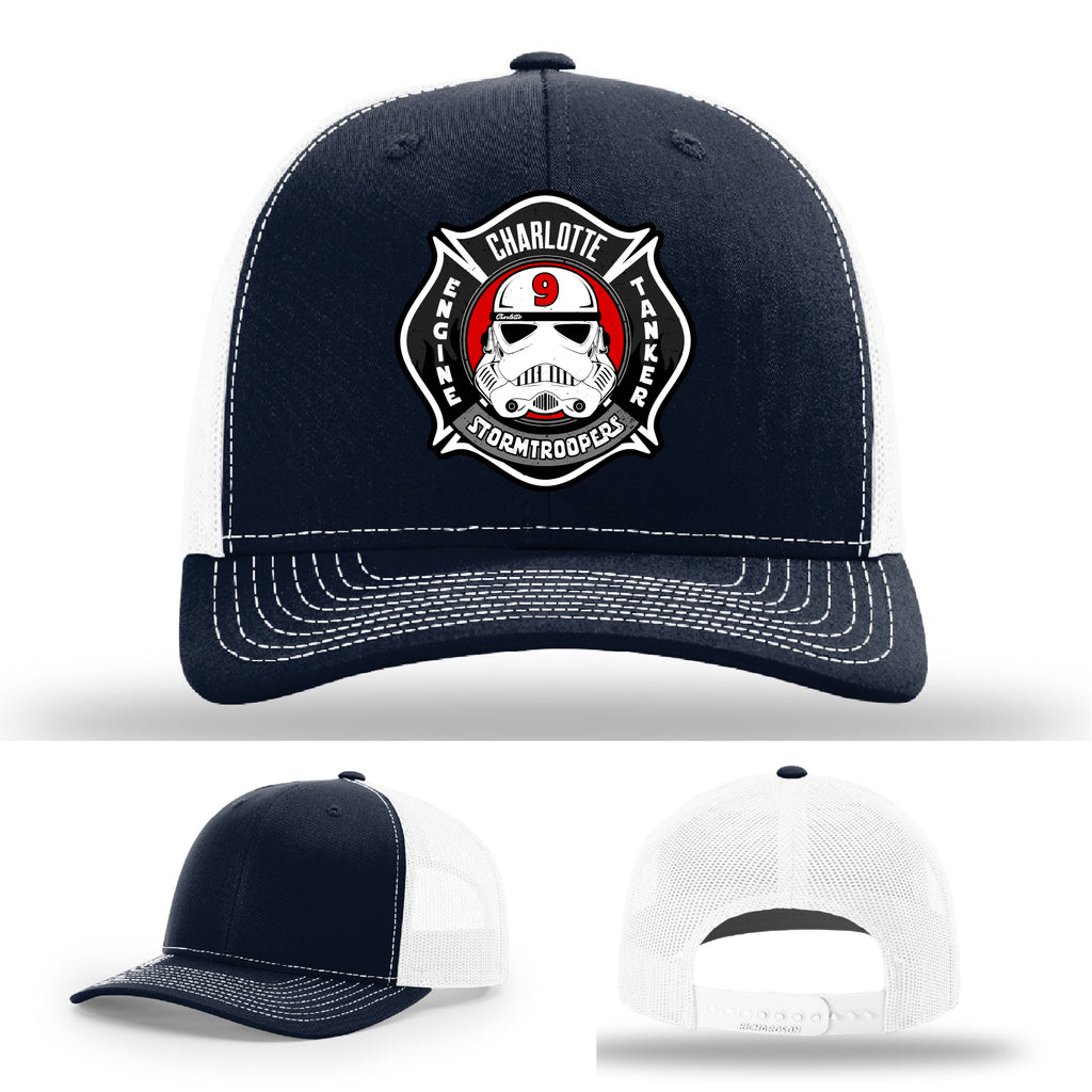 Station 9 firefighter hat Charlotte FD leather patch design