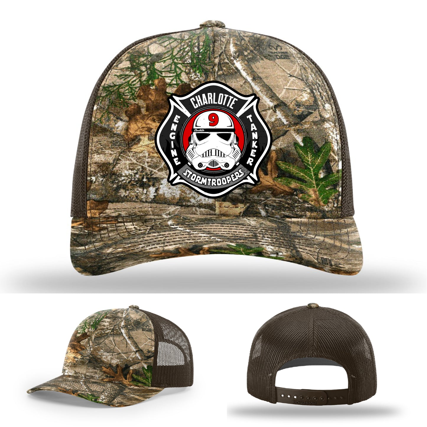 Charlotte firefighter hat with Station 9 engraved leather patch
