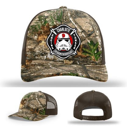 Charlotte firefighter hat with Station 9 engraved leather patch