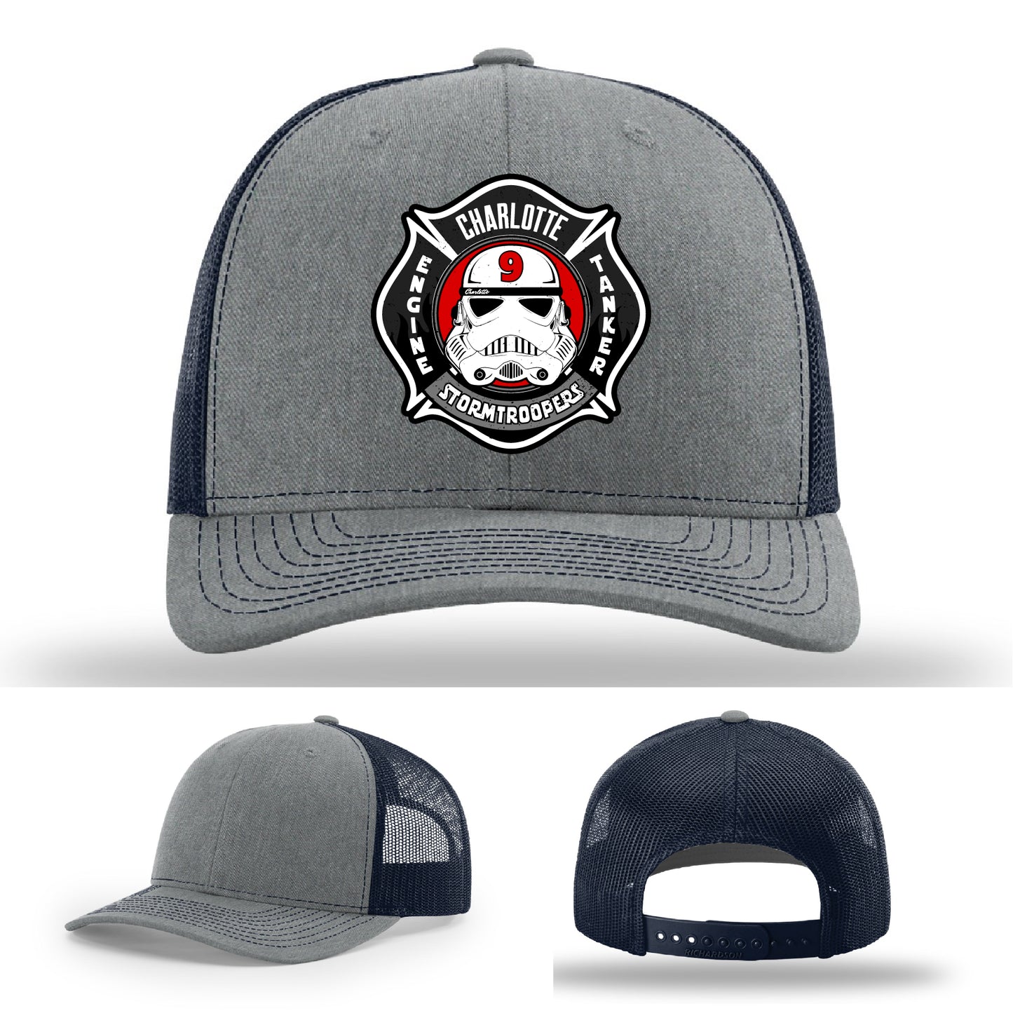 Charlotte Fire Station 9 firefighter hat with leather emblem