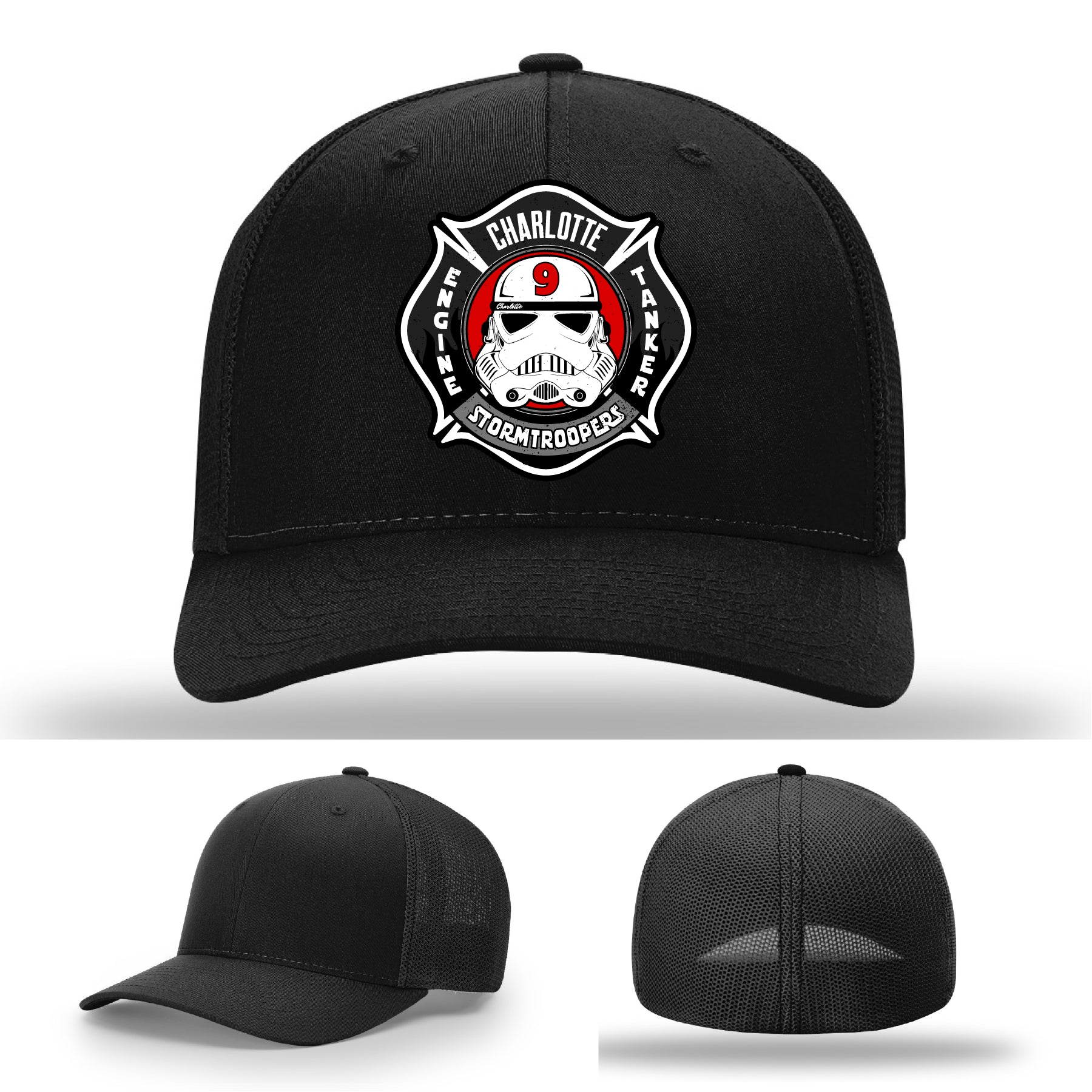 Charlotte firefighter hat with Engine and Tanker 9 leather patch