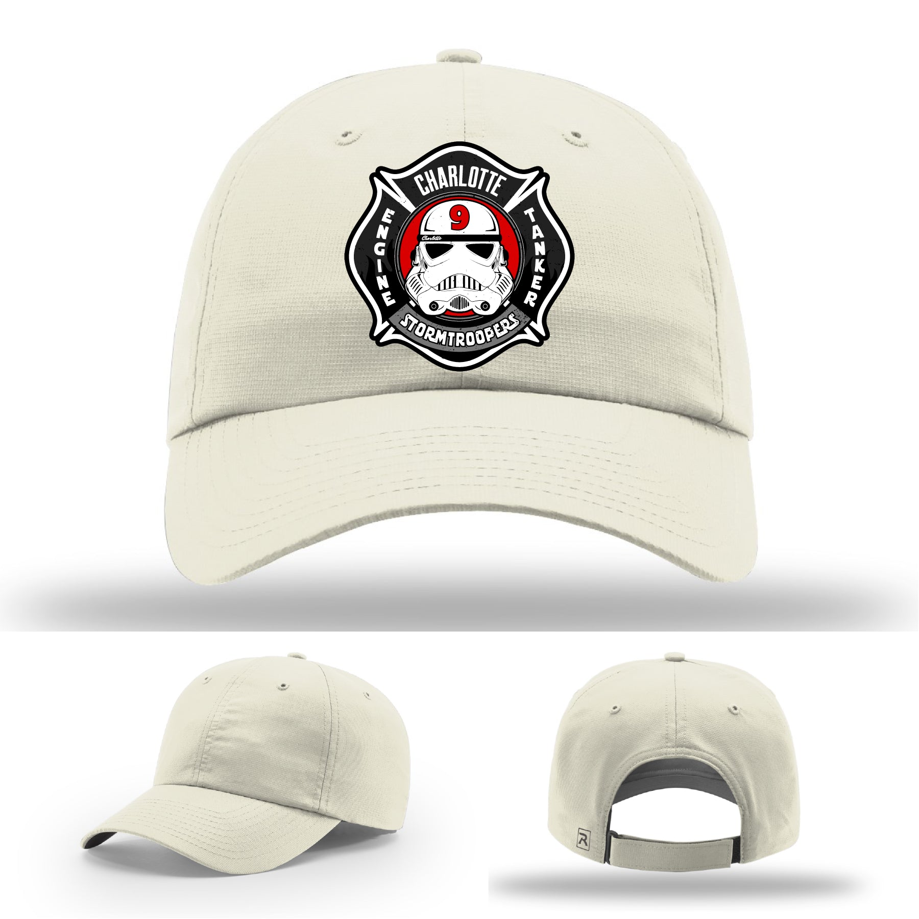 Custom firefighter hat with Charlotte Station 9 leather patch
