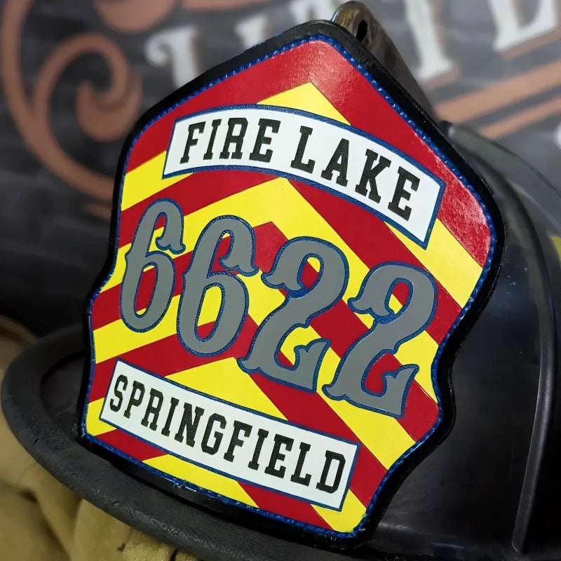 Custom Chevron firefighter helmet shield leather front built for the fireground