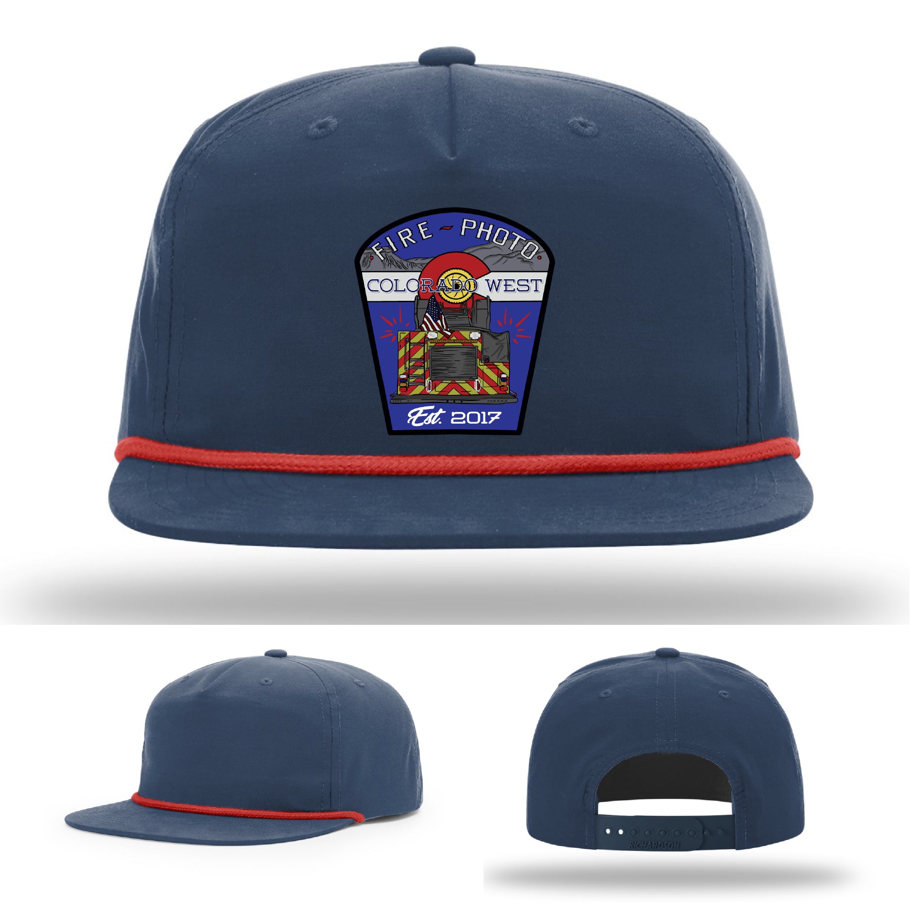 Custom fireground hat with Colorado West Fire Photo leather patch emblem