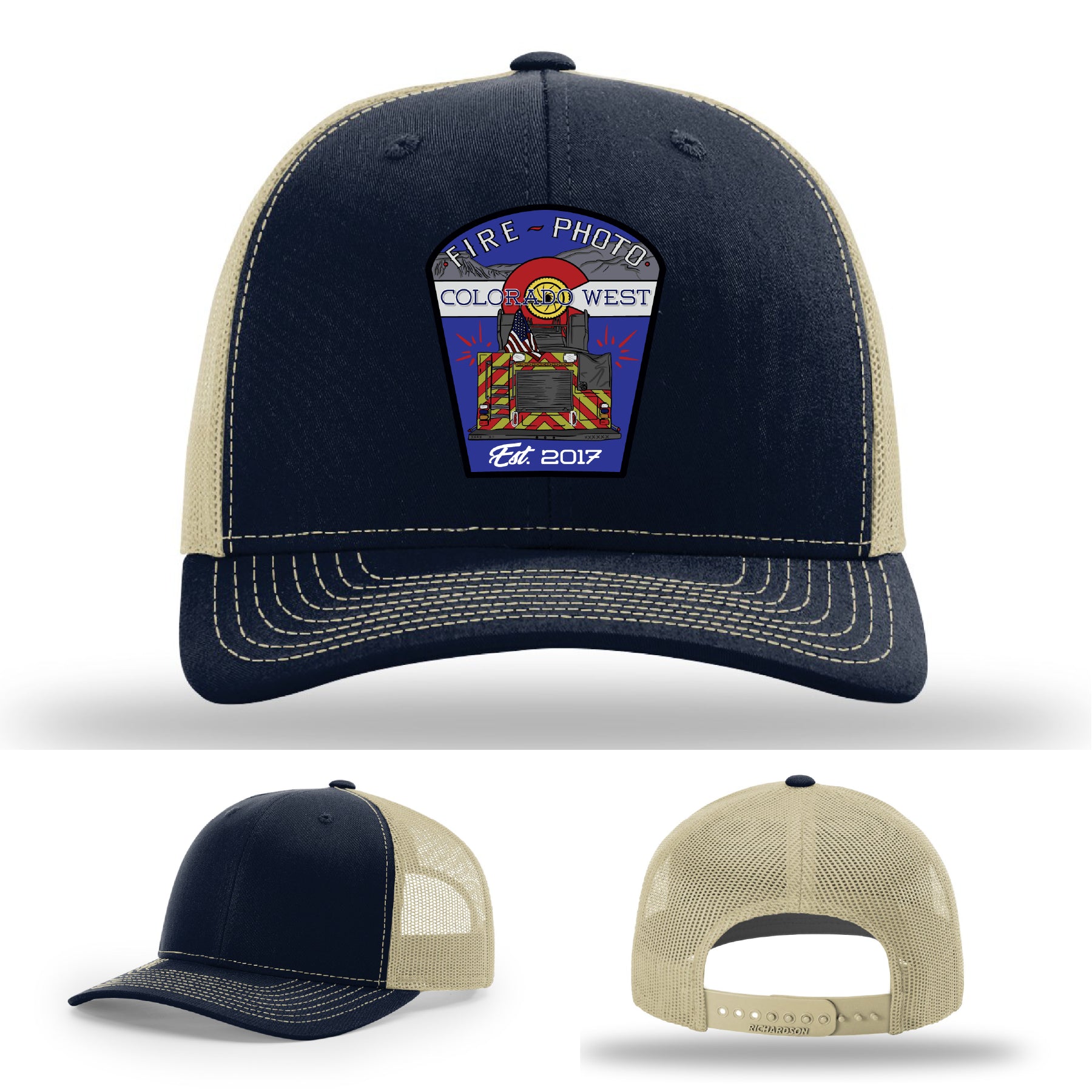 Leather patch firefighter hat featuring Colorado West Fire Photo artwork