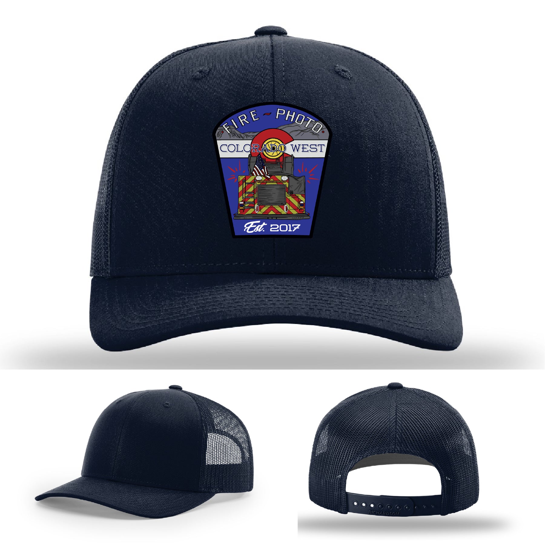 Richardson firefighter hat with Colorado West Fire Photo custom leather patch