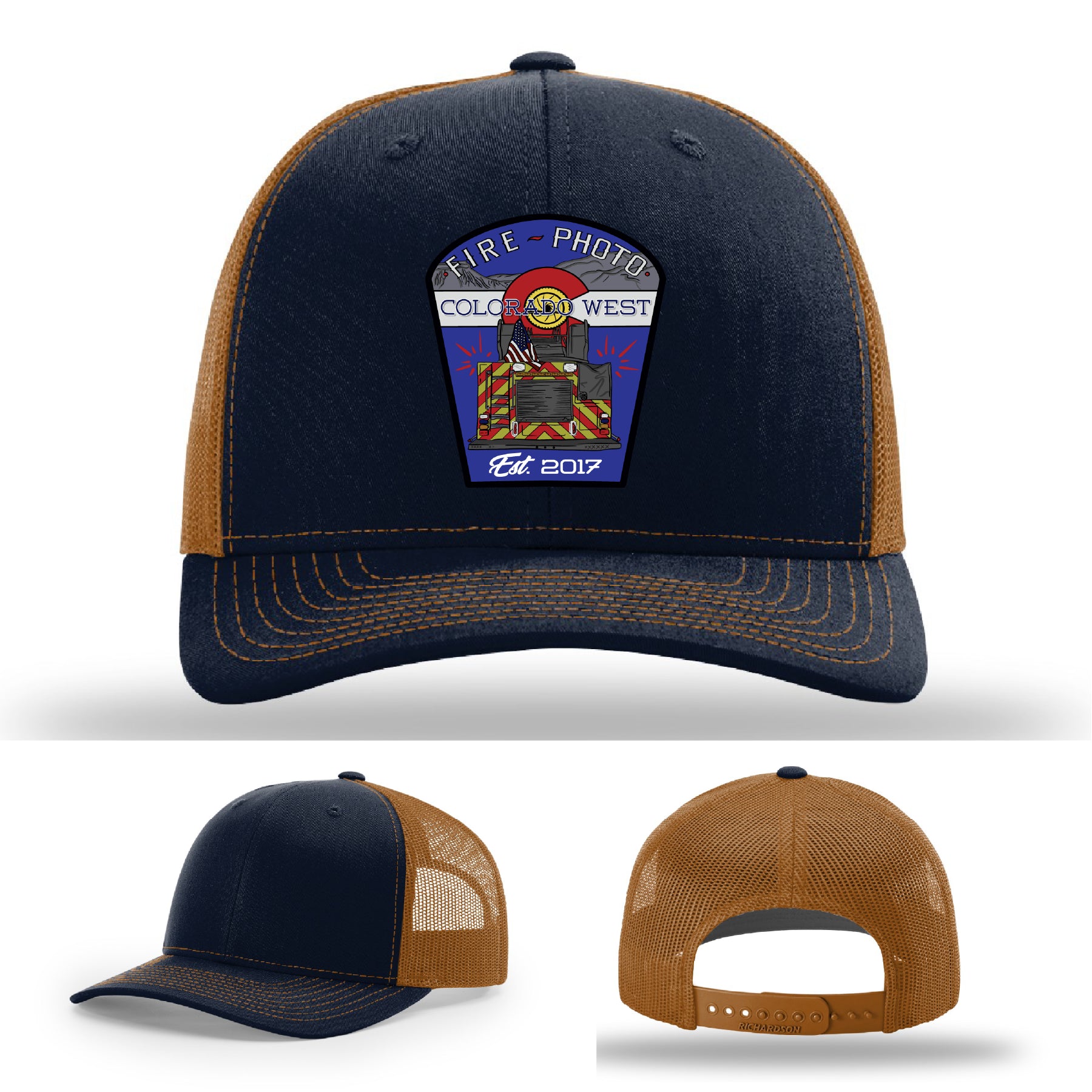 Fireground ready firefighter hat featuring Colorado West Fire Photo leather