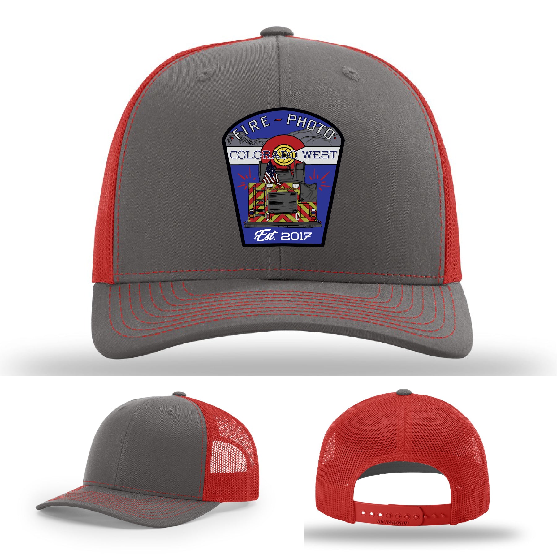 Leather patch firefighter hat honoring Colorado West Fire Photo logo
