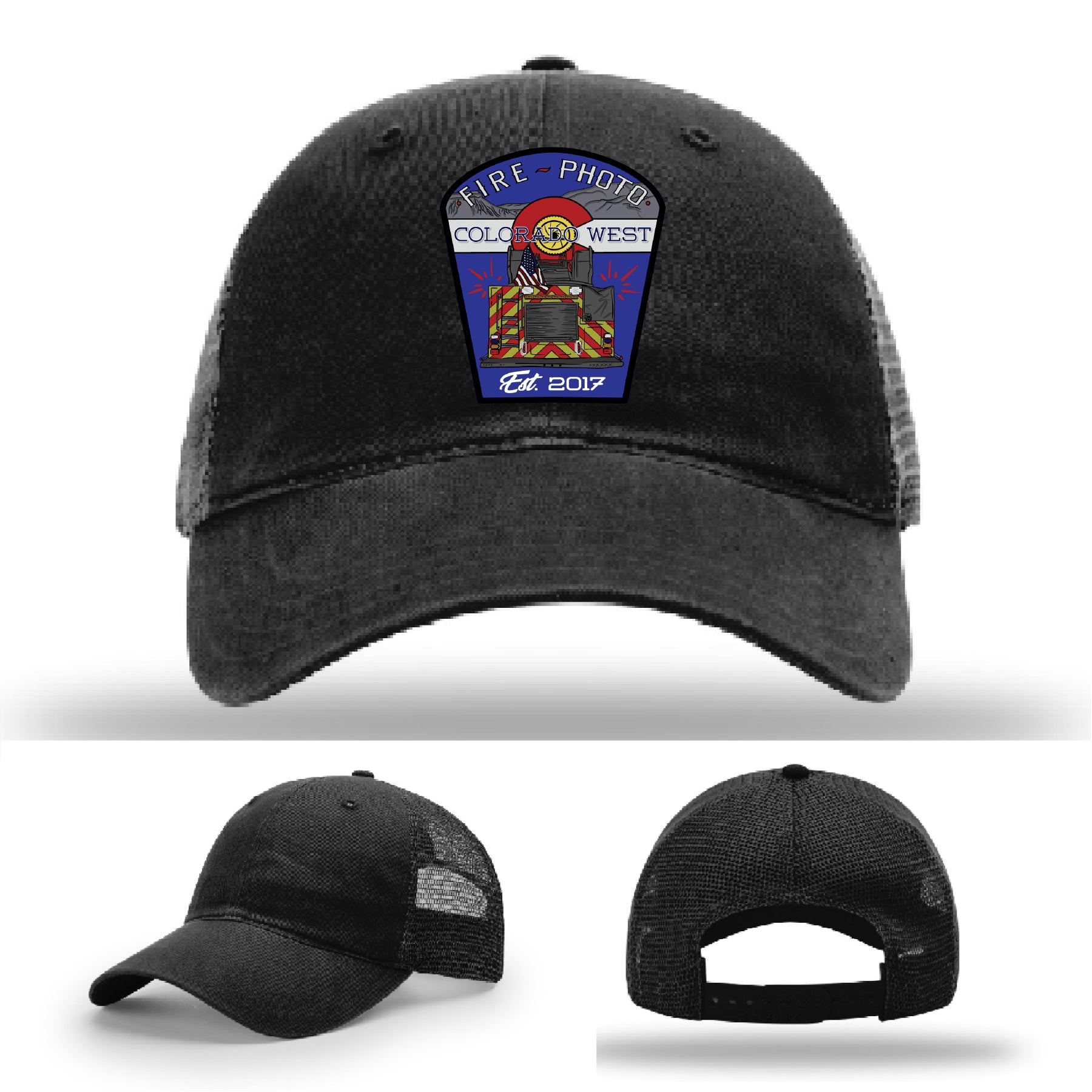 Custom firefighter hat crafted with Colorado West Fire Photo logo patch