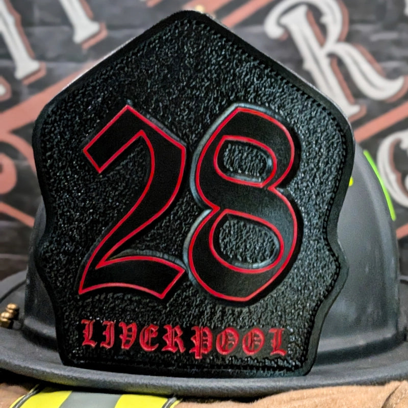 Custom firefighter helmet shield with bold readable design