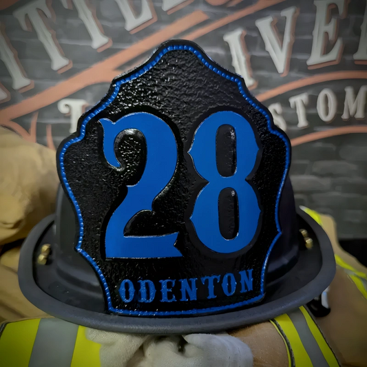 Company Shield custom leather firefighter helmet front in black with blue company number and Odenton text.