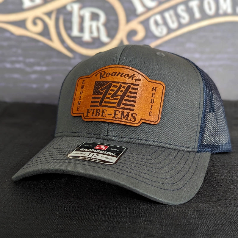 Firehouse station hat with custom leather patch design