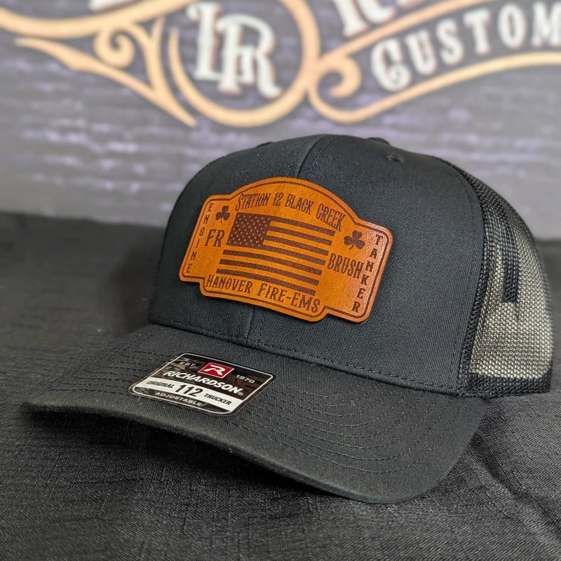 Custom leather patch hat with bold firefighter text