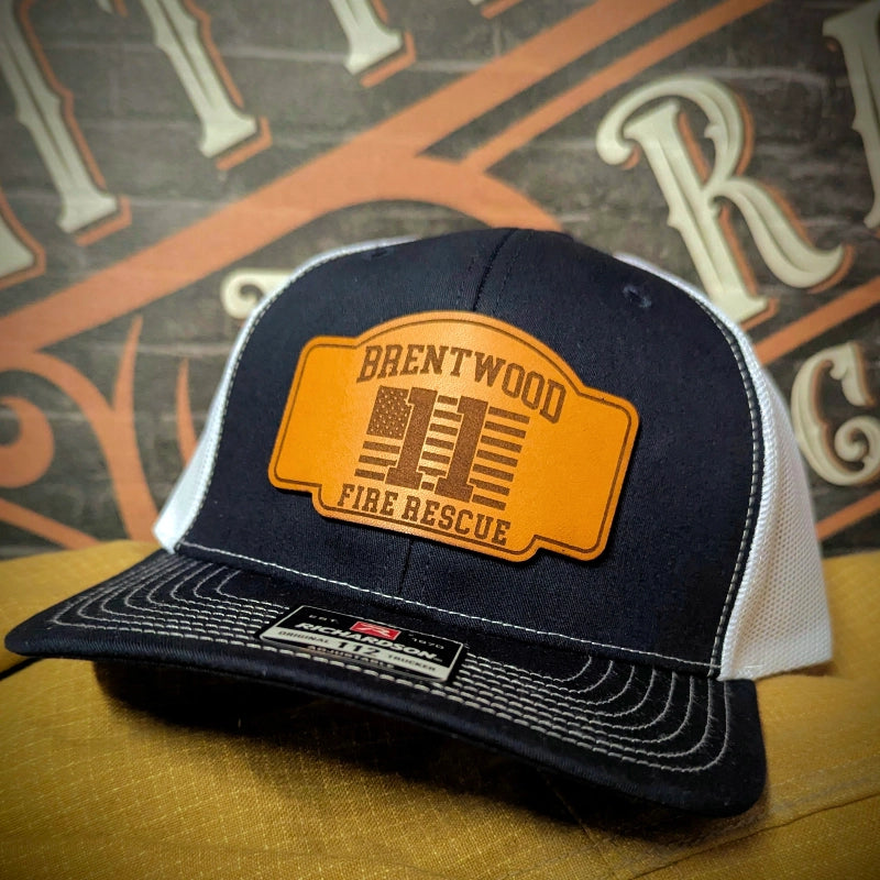 Custom leather patch hat with rugged firefighter style