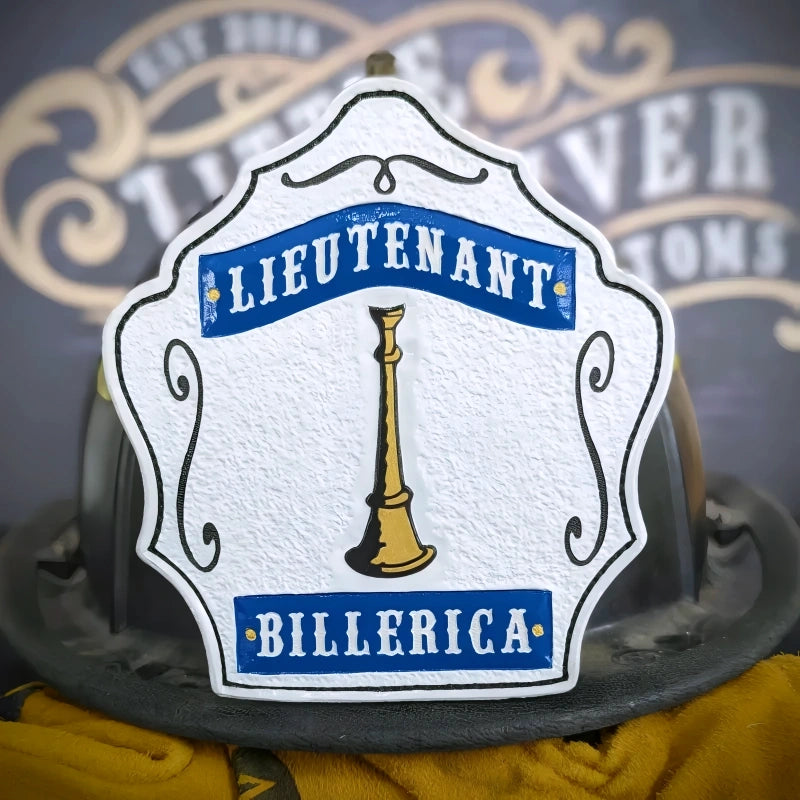 Bugle officer helmet front custom firefighter leather shield