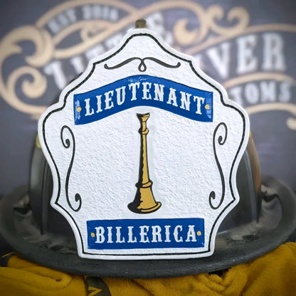 Bugle officer helmet front custom firefighter leather shield