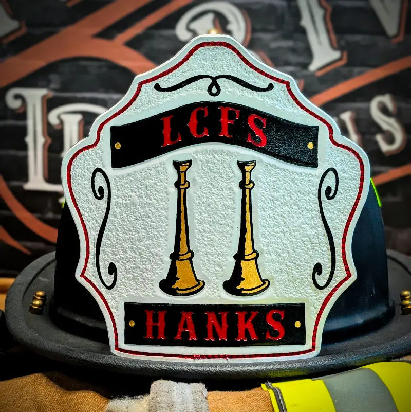 Custom firefighter chief helmet shield handcrafted from premium leather