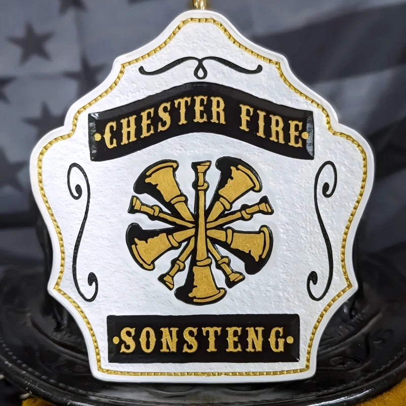 Custom officer helmet shield with bugles handmade in leather
