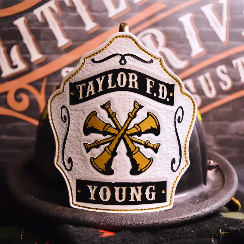 Officer helmet shield custom leather fire front with bugles
