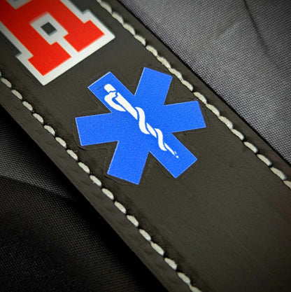 Custom leather firefighter radio strap with blue star of life emblem