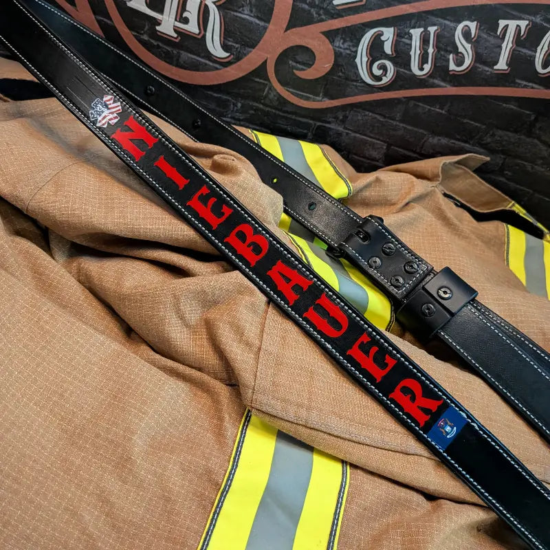 Firefighter radio strap shown beside matching department gear