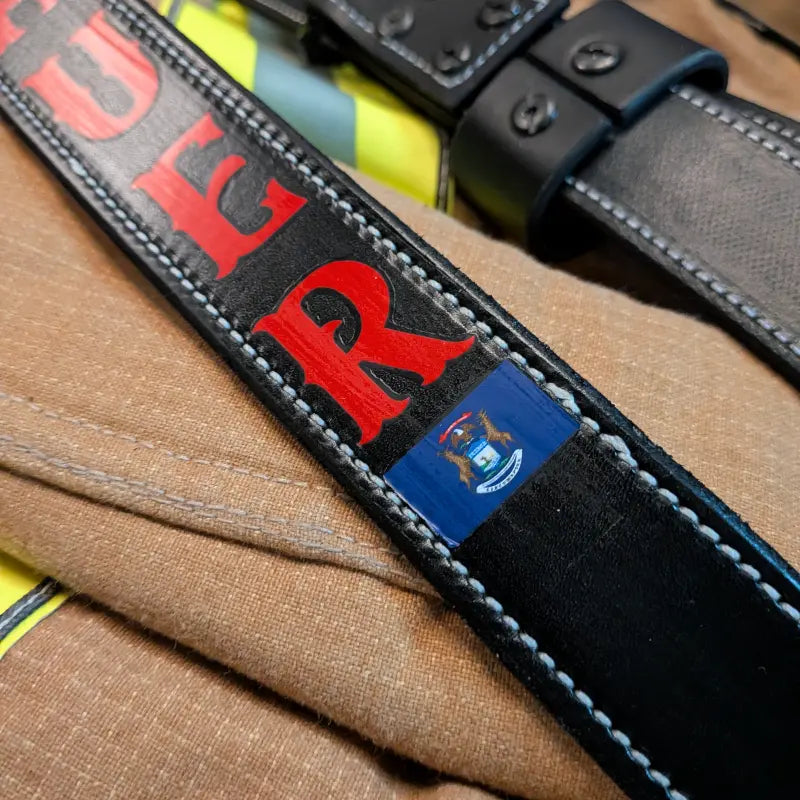 Firefighter radio strap on display showing full length view