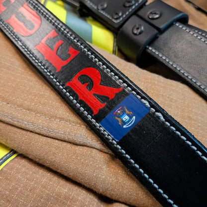 Firefighter radio strap on display showing full length view