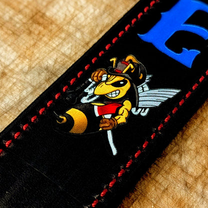 Full grain leather firefighter radio strap on display table