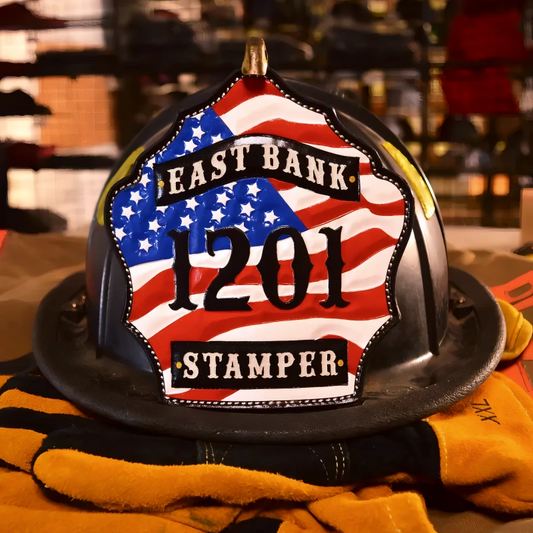 Custom Flag Firefighter Helmet Shield with American flag background, 1201 company number, East Bank rocker, and Stamper nameplate on a black fire helmet.