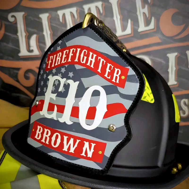 Custom helmet shield with American flag design on firefighter helmet