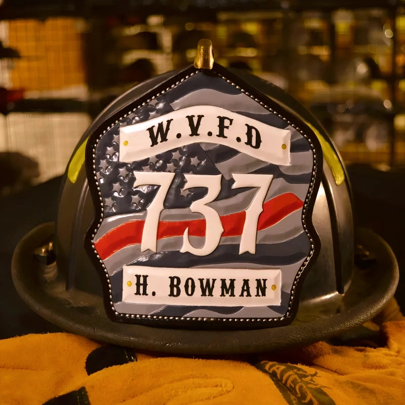 Leather firefighter helmet front with custom American flag