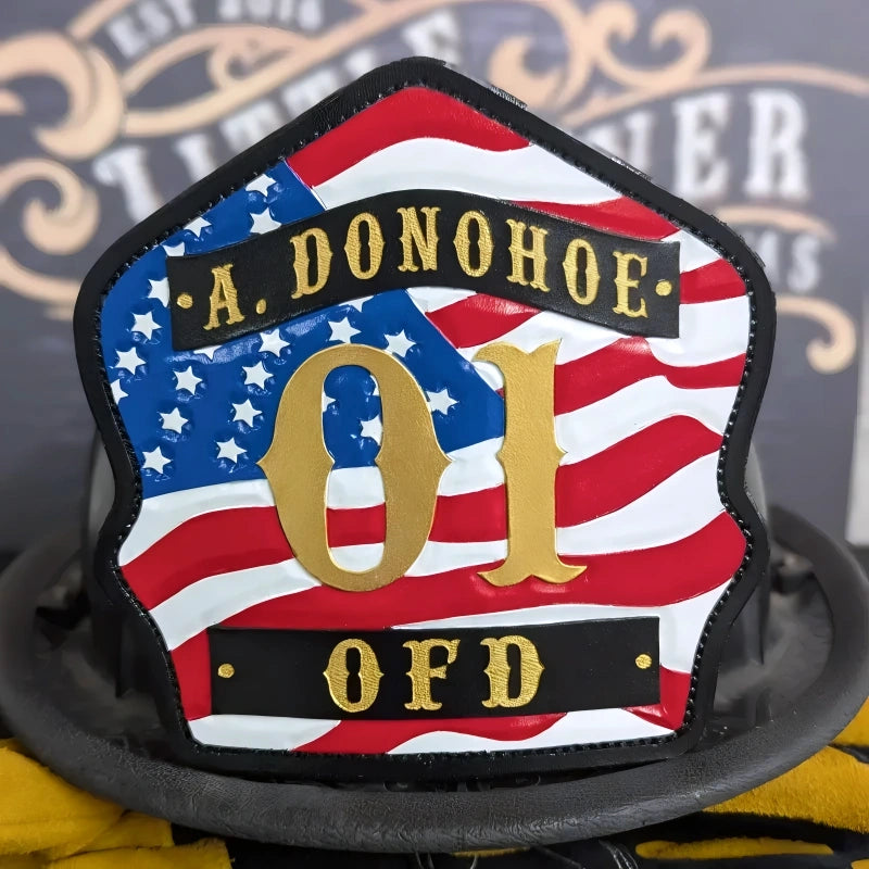 Leather firefighter helmet shield custom American flag front