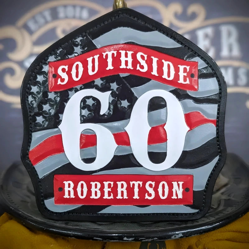 Custom helmet shield with bold American flag leather front