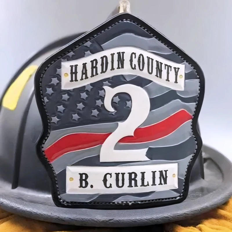 Custom leather firefighter helmet shield stars and stripes front