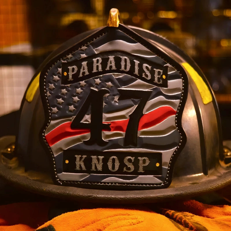 Leather firefighter helmet shield with American flag design