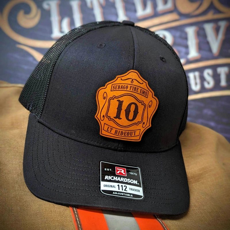Firefighter hat with custom shield patch in genuine leather
