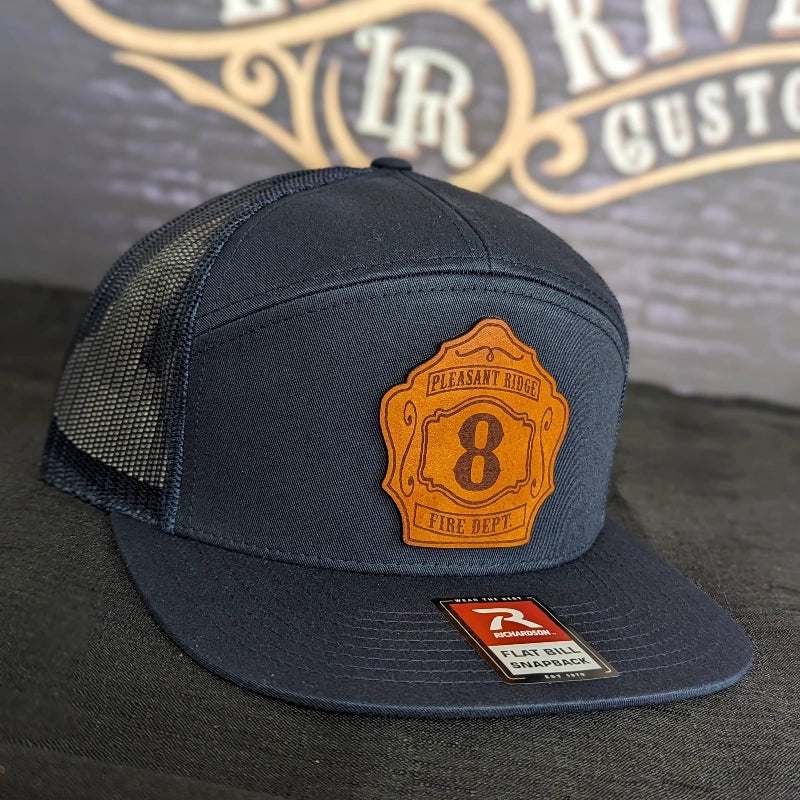 Custom firefighter hat with classic leather shield patch style