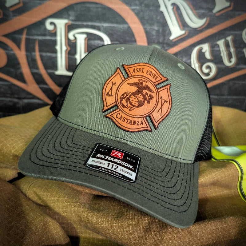 Custom Maltese Cross firefighter hat with leather patch