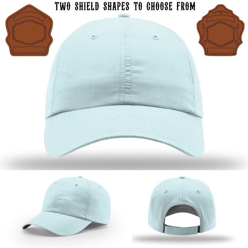 Firefighter hat with two leather shield patch shape examples
