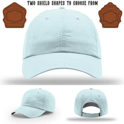 Firefighter hat with two leather shield patch shape examples
