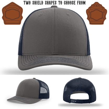 Fire department hat with two firefighter shield patch examples