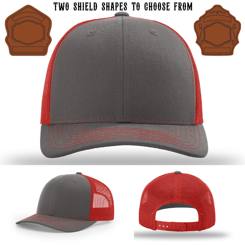 Firefighter hat showing two traditional shield patch shapes