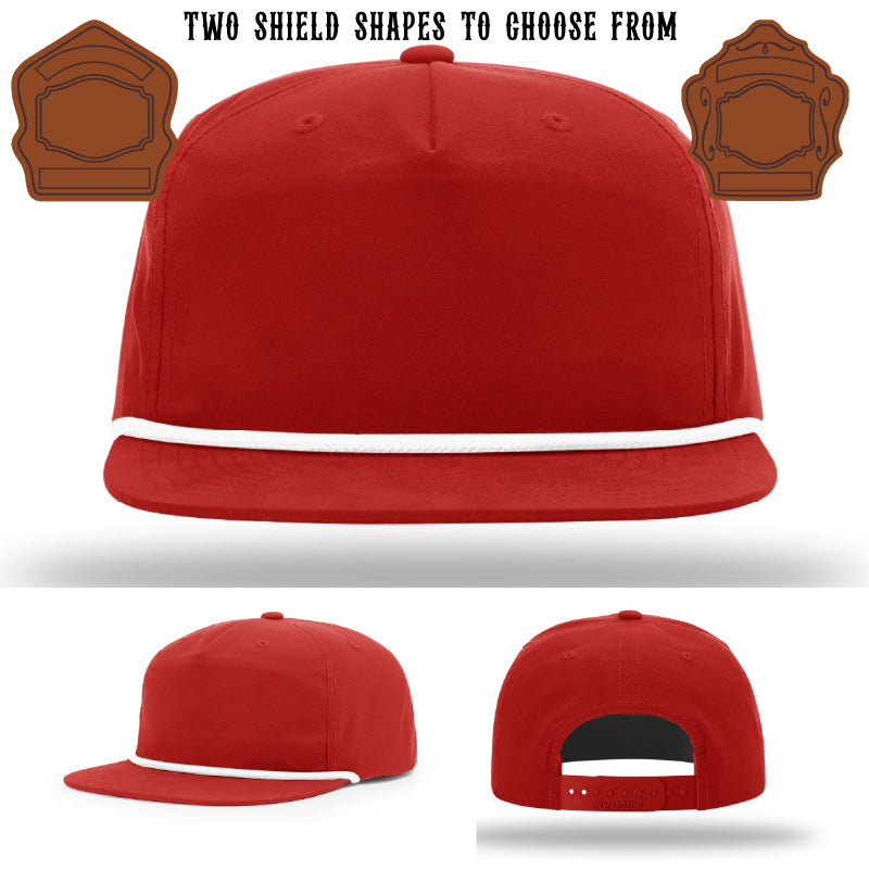 Custom firefighter hat displaying two leather shield patches