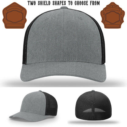 Fire department hat showing two leather shield patch options