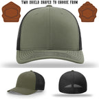 Custom firefighter hat featuring two leather shield patches
