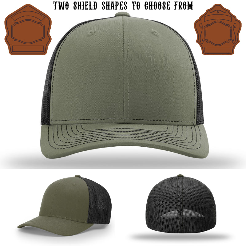 Custom firefighter hat featuring two leather shield patches