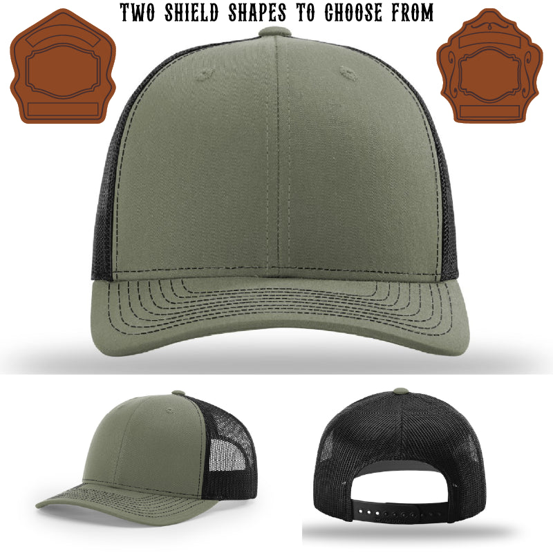 Station hat displaying two firefighter shield patch shapes
