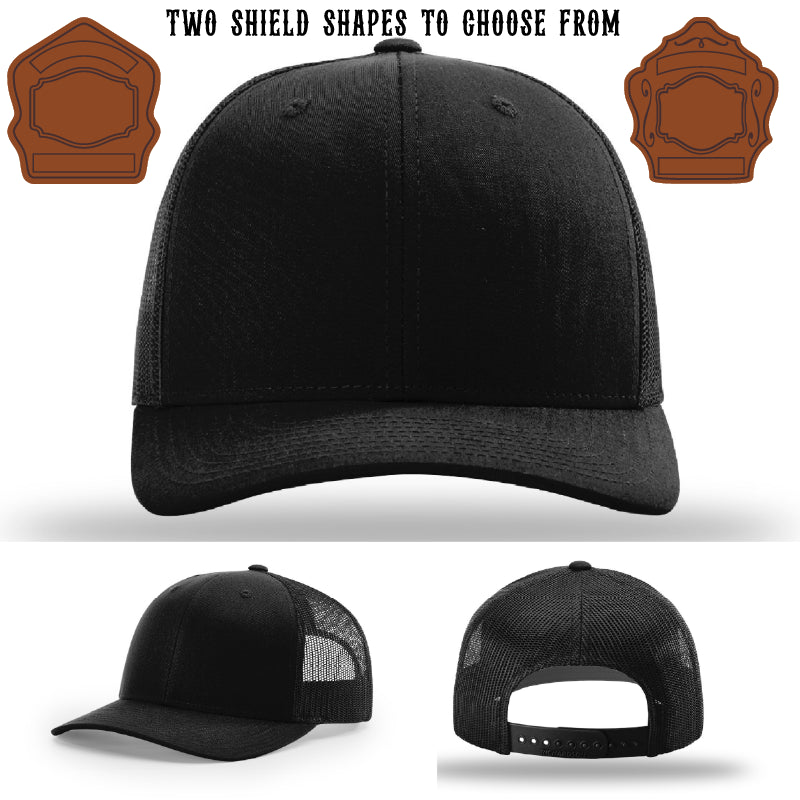 Custom firefighter hat showing two shield patch styles